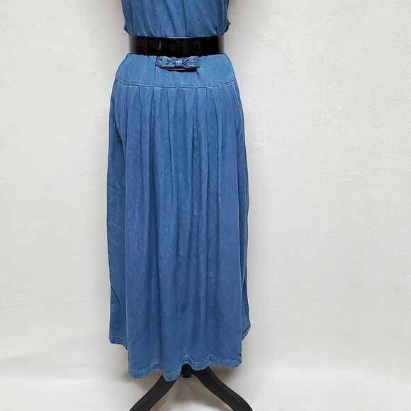 VINTAGE 1970s Talbots Mid Wash Oversized Button Up Belted Bow Denim Dress Medium - Picture 14 of 15